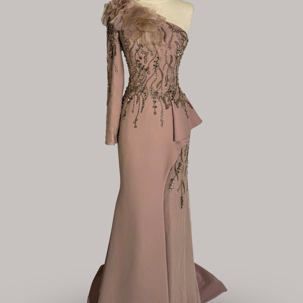 Brand New US 6 Tony Ward One Shoulder Evening Gown with Gold Beading
